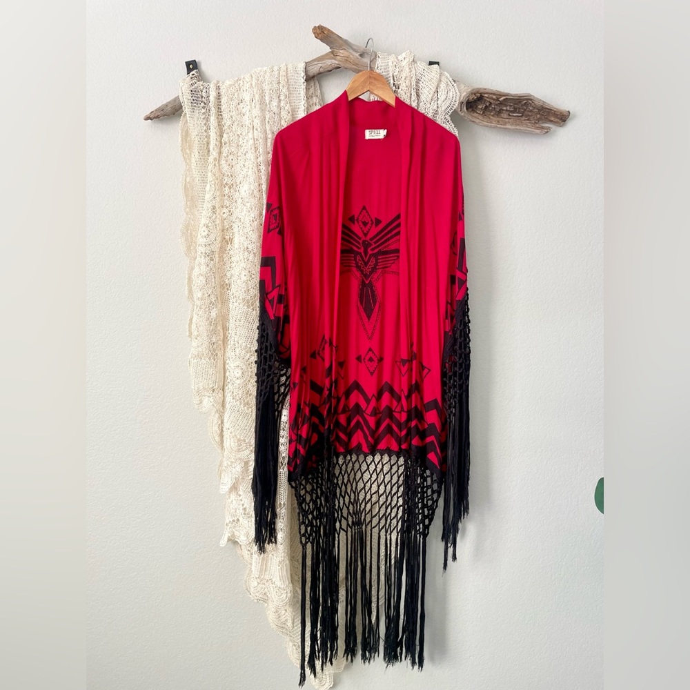 SPELL | Vintage Opium Red Black Fringe Kimono OS
